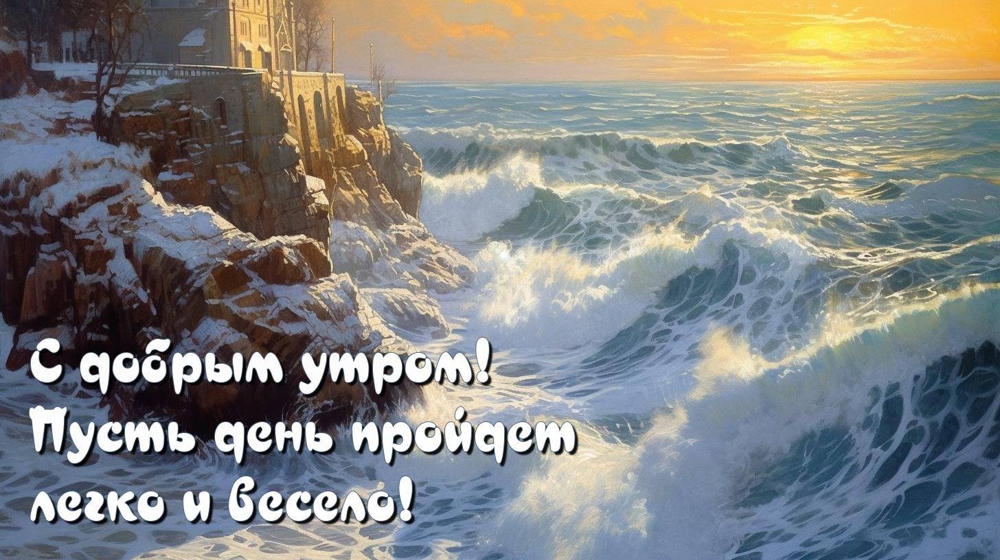 Утро, морской пейзаж с большими волнами и скалистым берегом