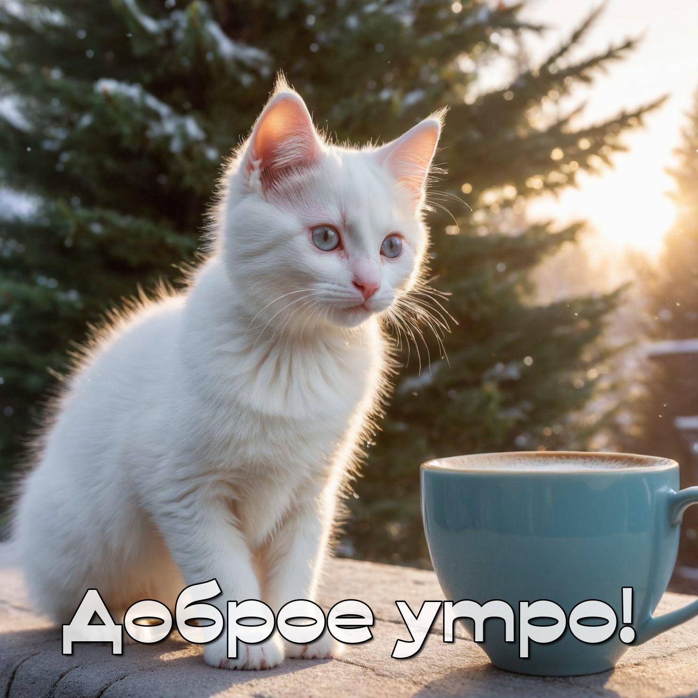 Утро, на изображении белый котёнок рядом с голубой чашкой.