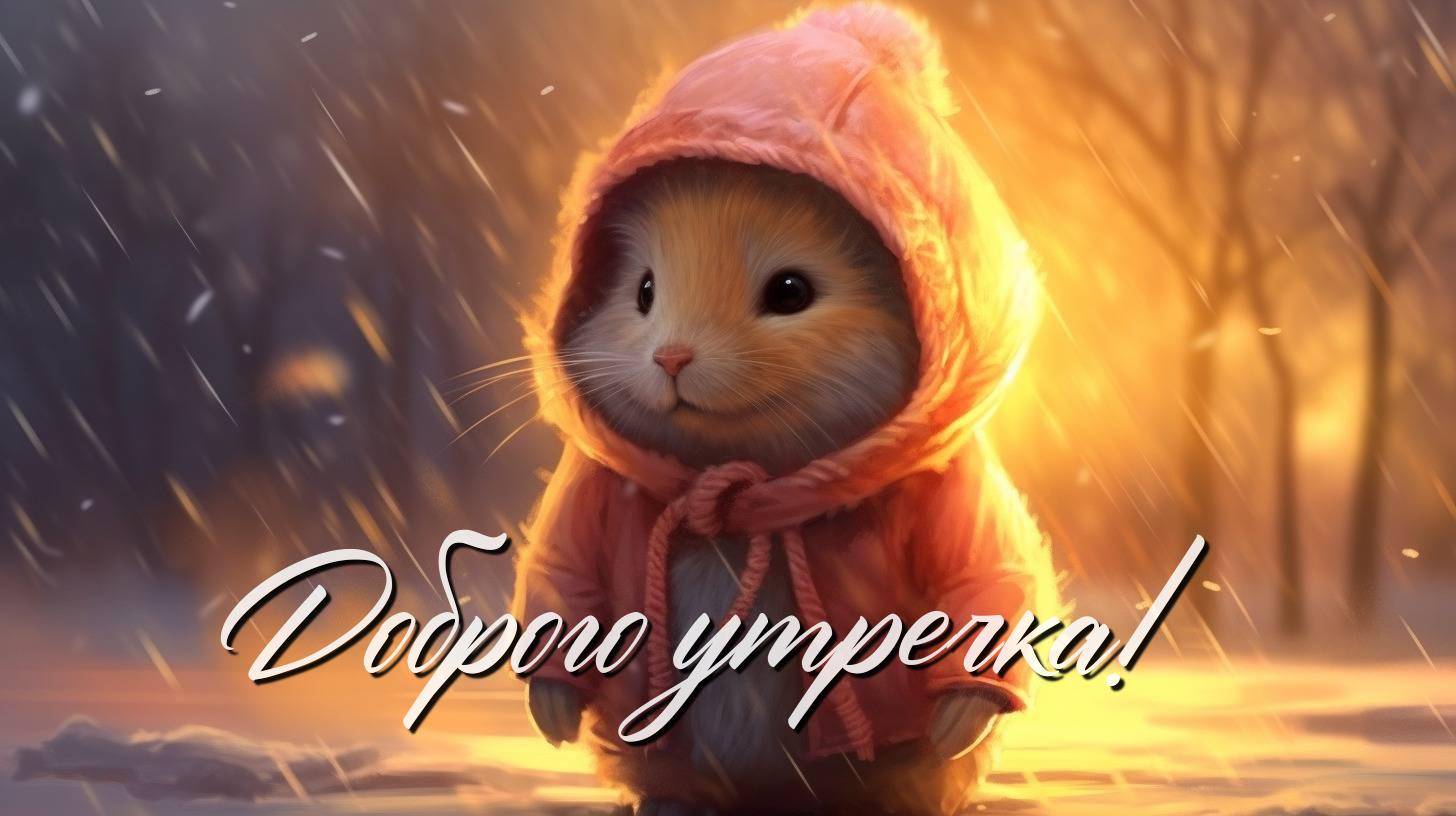 Утро, на изображении милый зверек в розовой куртке с капюшоном.
