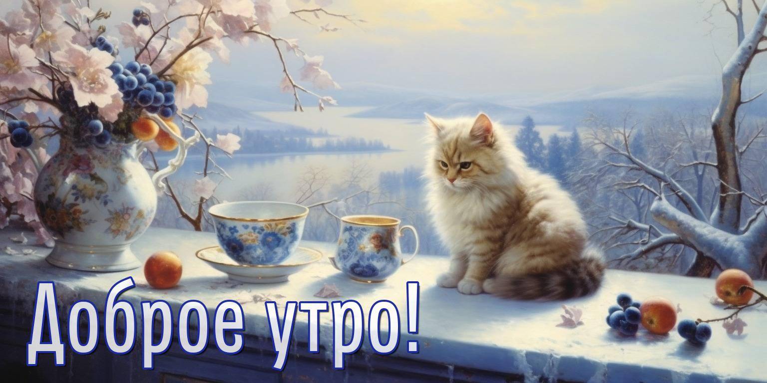 Утро, на подоконнике котенок и чайный сервиз