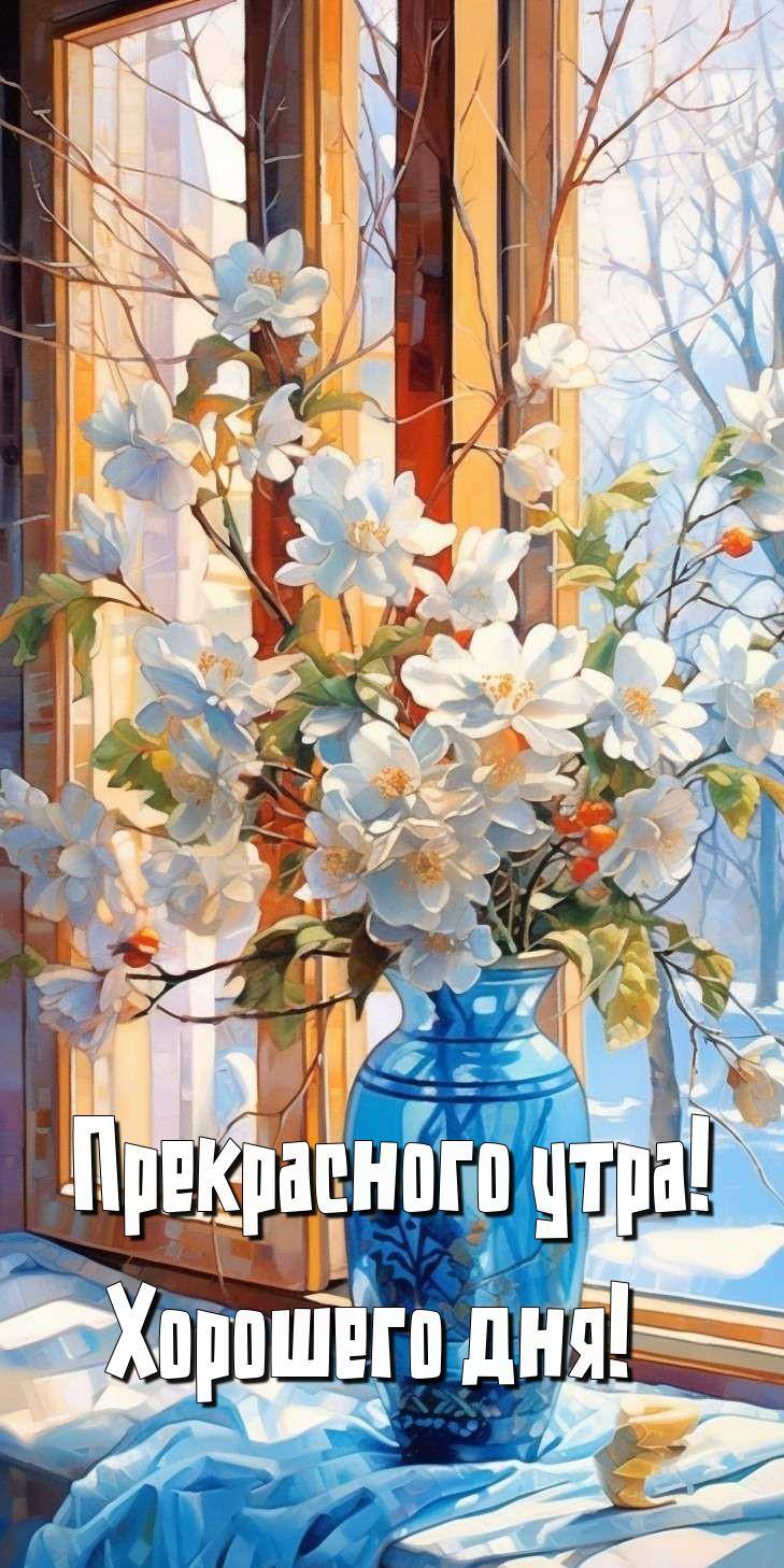 Утро, натюрморт с белыми цветами в синей вазе