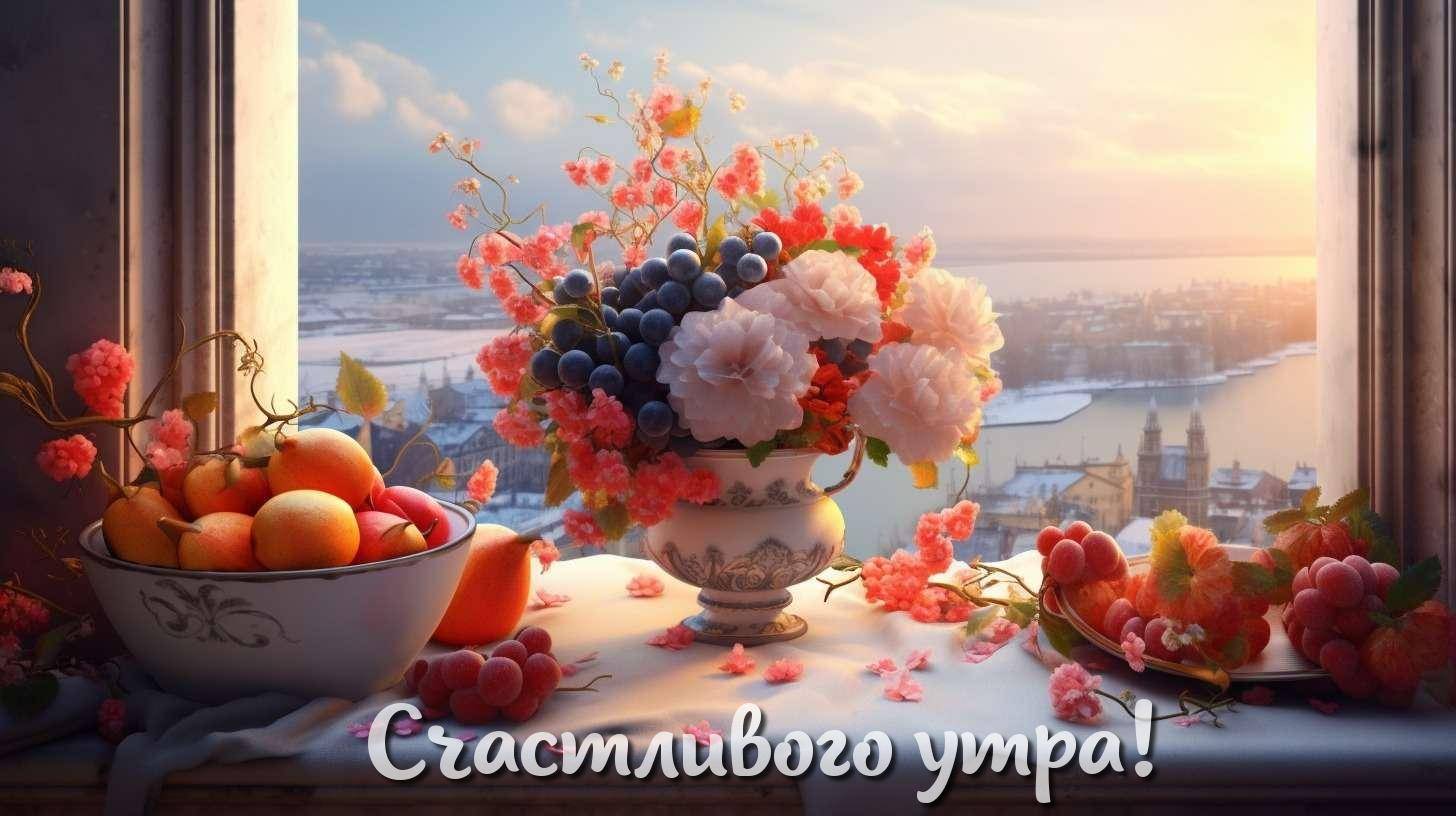 Утро, натюрморт с вазой, цветами и фруктами на подоконнике