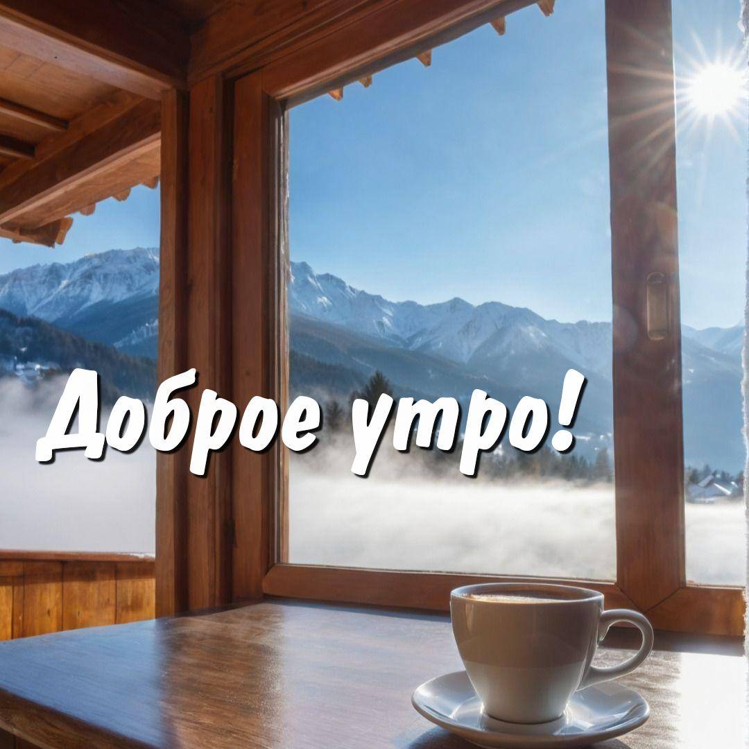 Утро, окно с видом на горы, стол с чашкой и солнечным светом