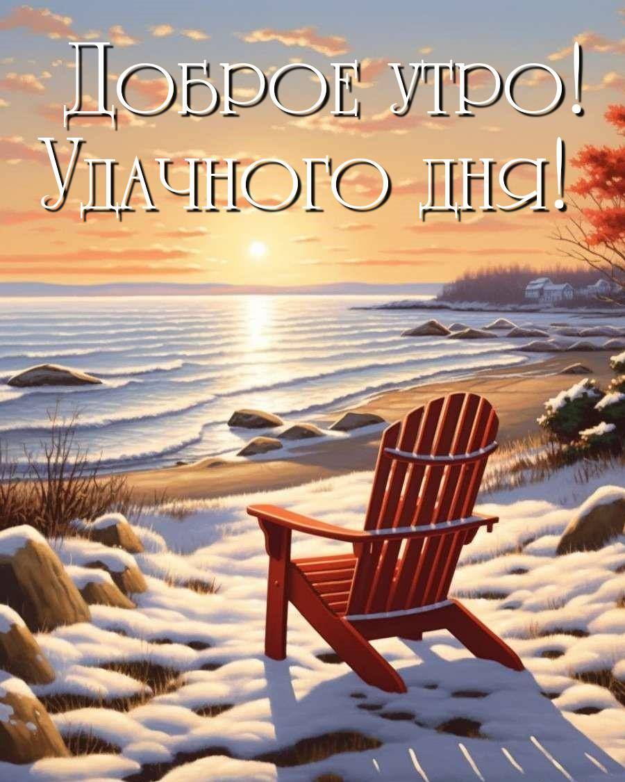 Утро, пляж с камнями, кресло и закат