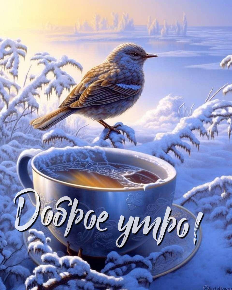 Утро, птица на ветке и чашка с чаем