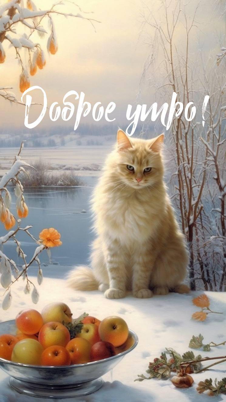 Утро, пушистая рыжеватая кошка на заснеженном столе