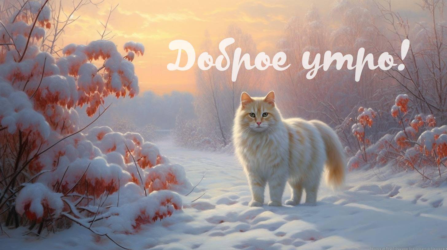 Утро, пушистый бело-рыжий кот в зимнем пейзаже