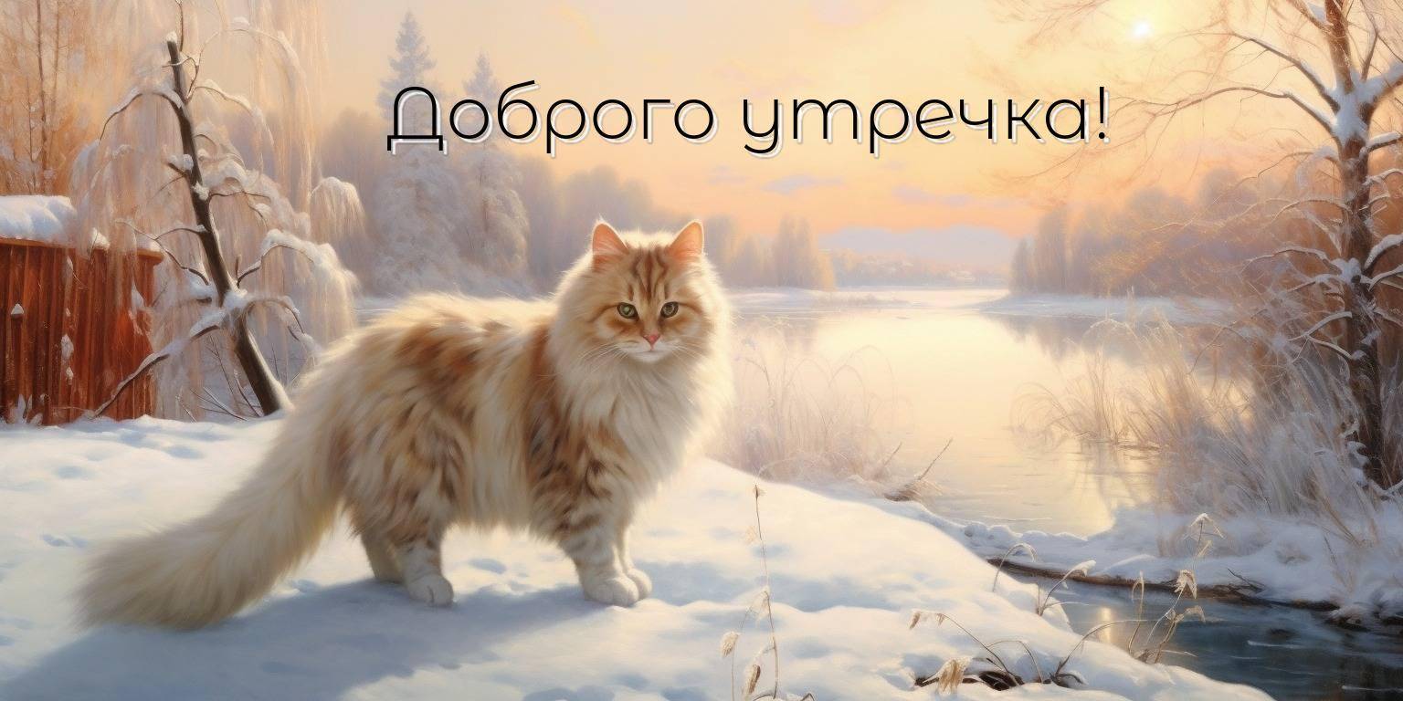 Утро, пушистый кот на заснеженной поверхности зимой