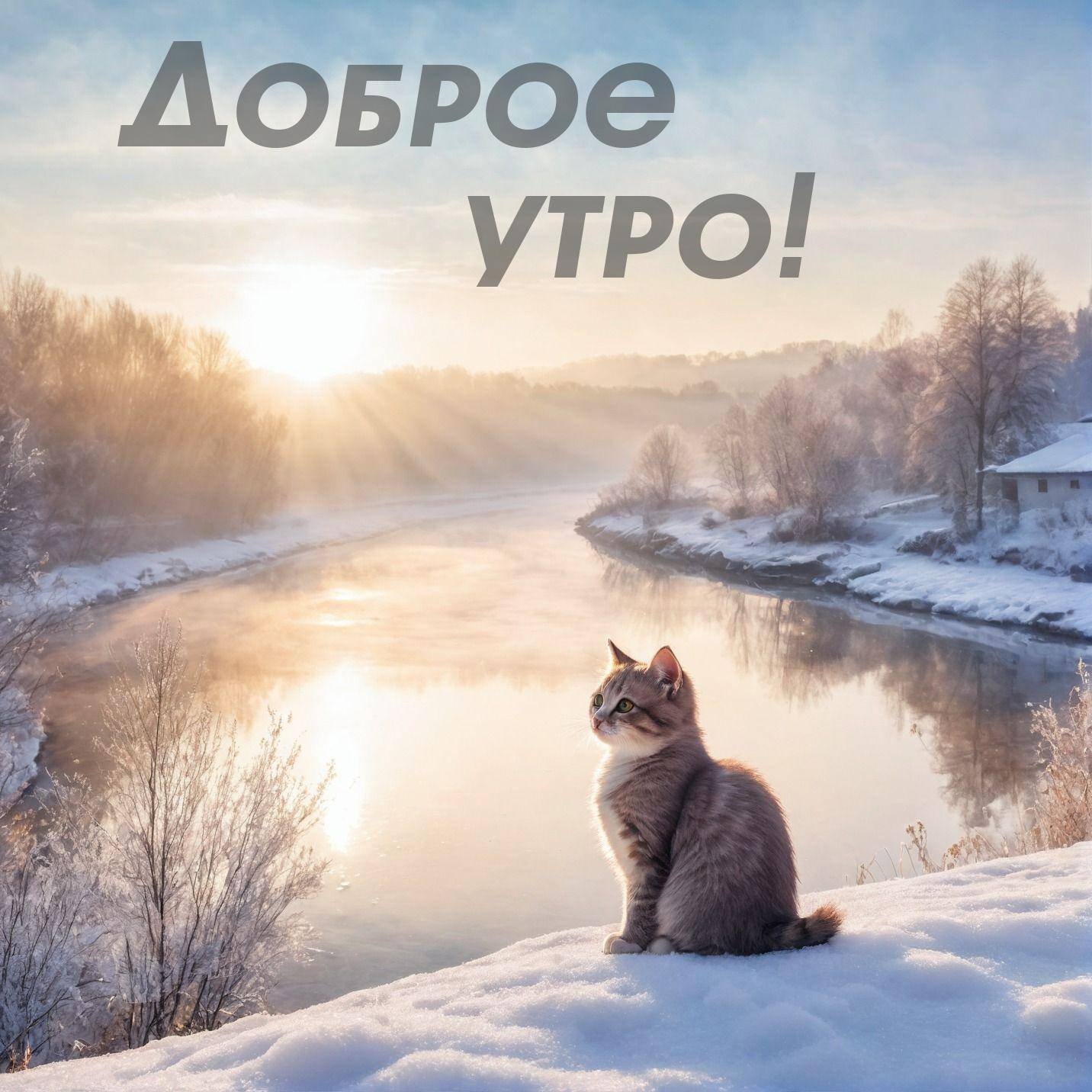 Утро, пушистый кот на заснеженном берегу реки с зимним пейзажем