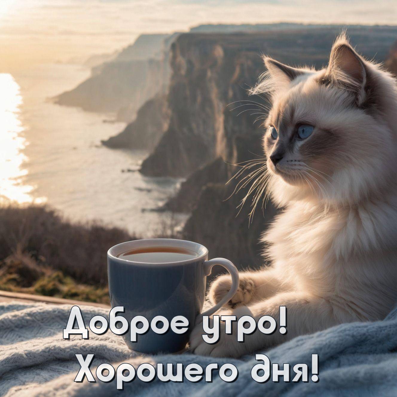Утро, пушистый кот с голубыми глазами на одеяле