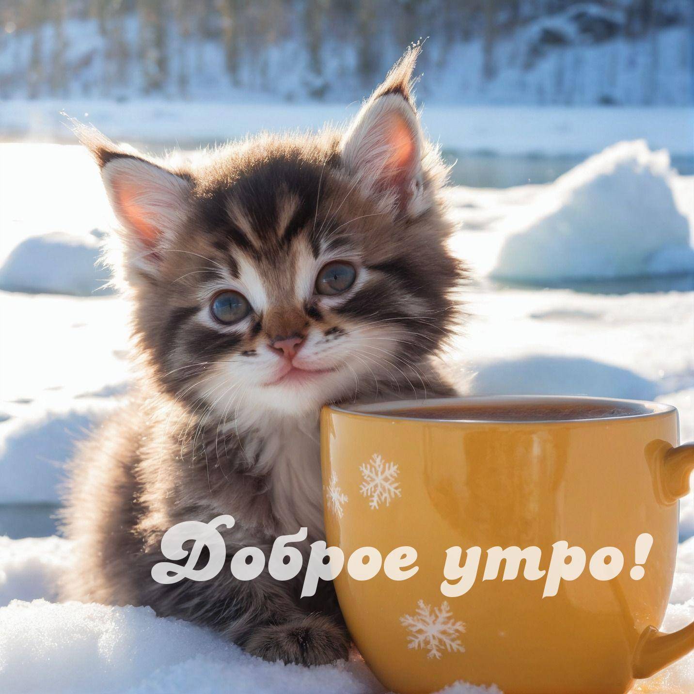 Утро, пушистый котенок с большими ушами рядом с кружкой на снегу