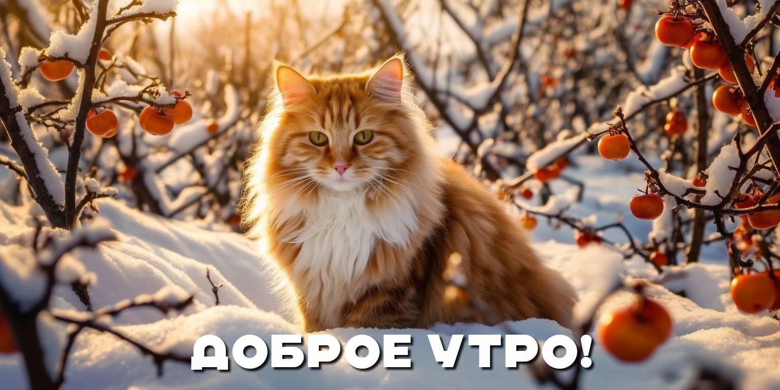 Утро, пушистый рыжий кот на снегу