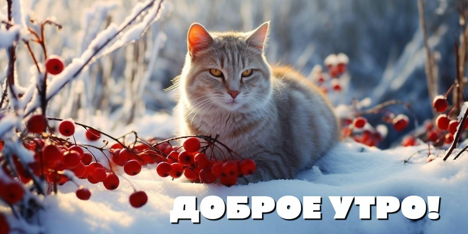 Утро, пушистый светло-коричневый кот лежит на снегу