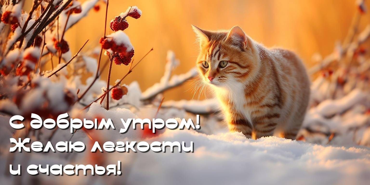 Утро, рыжий кот идёт по заснеженной земле, вокруг кусты с красными ягодами