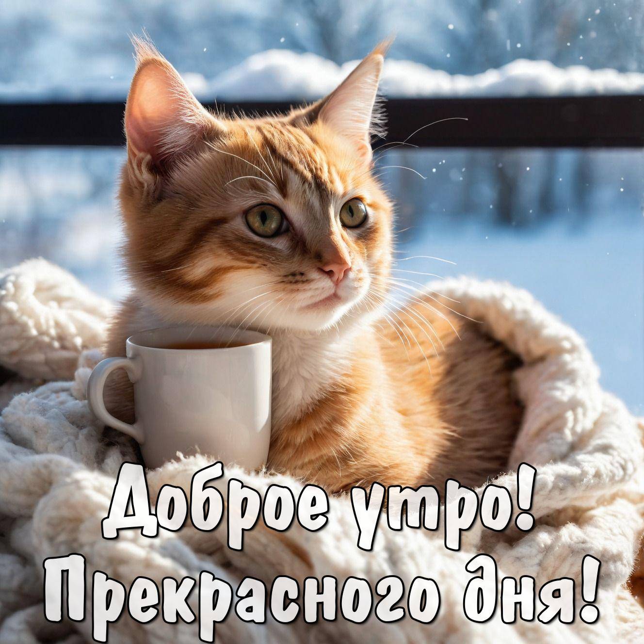 Утро, рыжий кот на белом пледе с кружкой