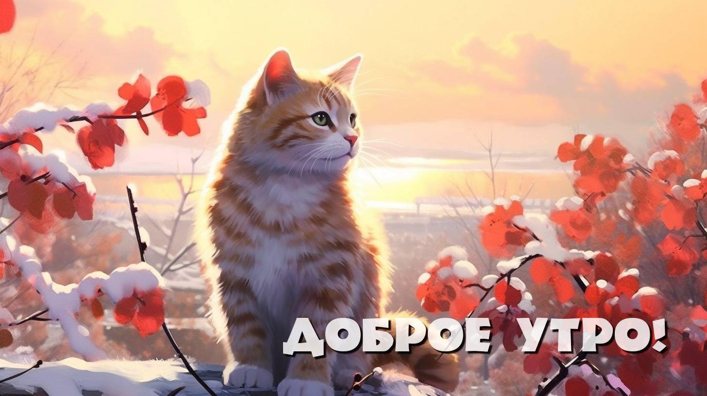Утро, рыжий кот на заснеженной поверхности.