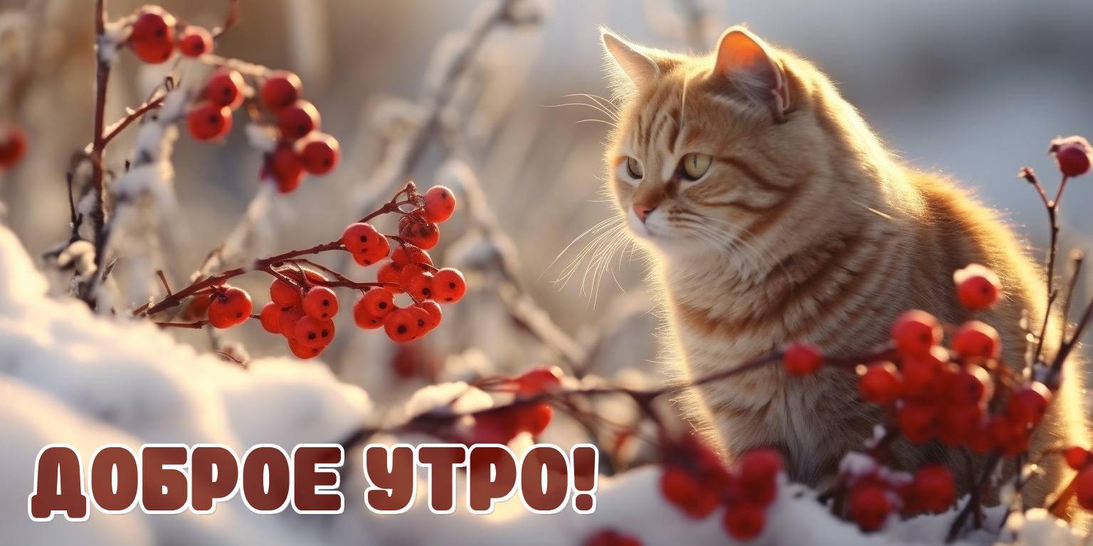 Утро, рыжий кот смотрит на ветки с ягодами