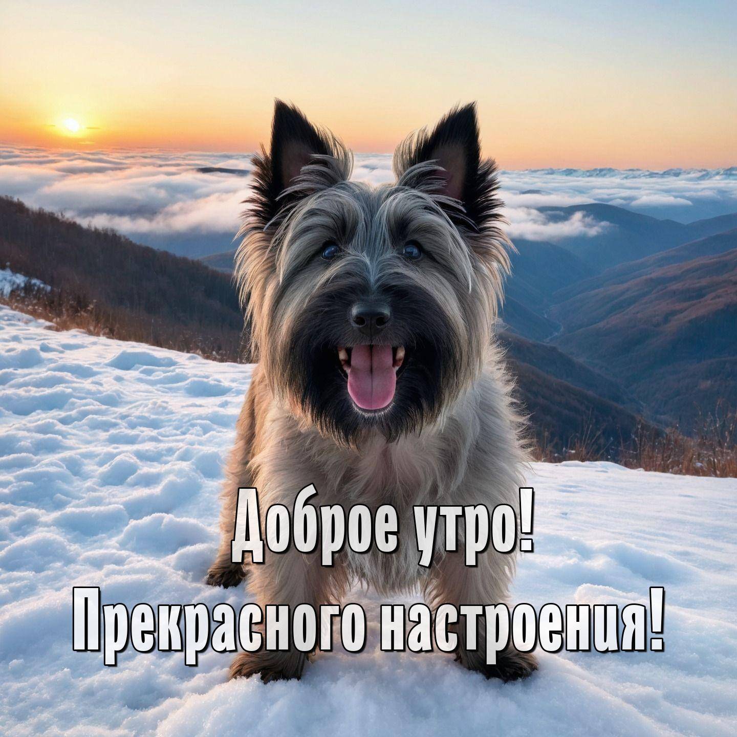 Утро, счастливая собака на заснеженном склоне