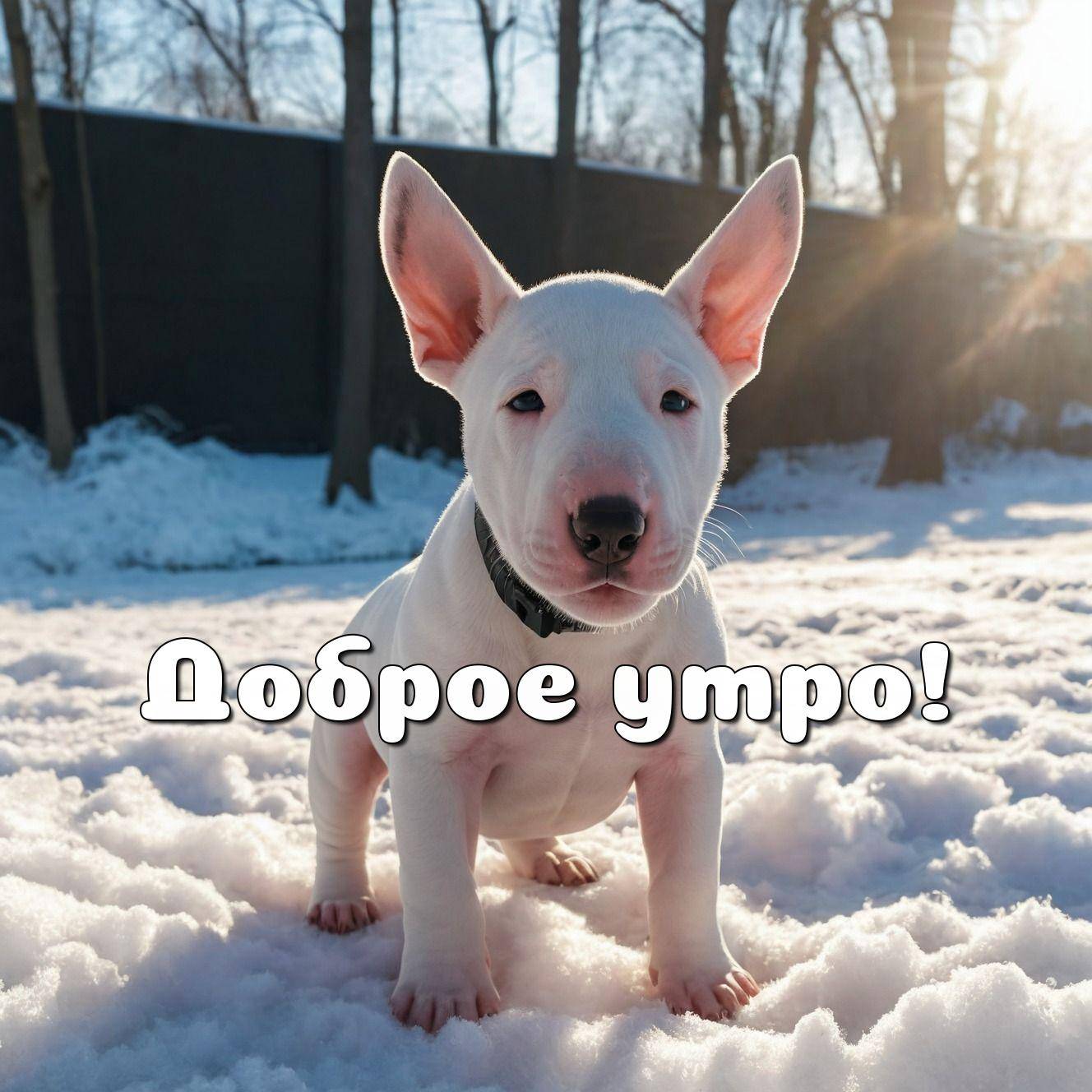 Утро, щенок бультерьера на снегу с большими ушами
