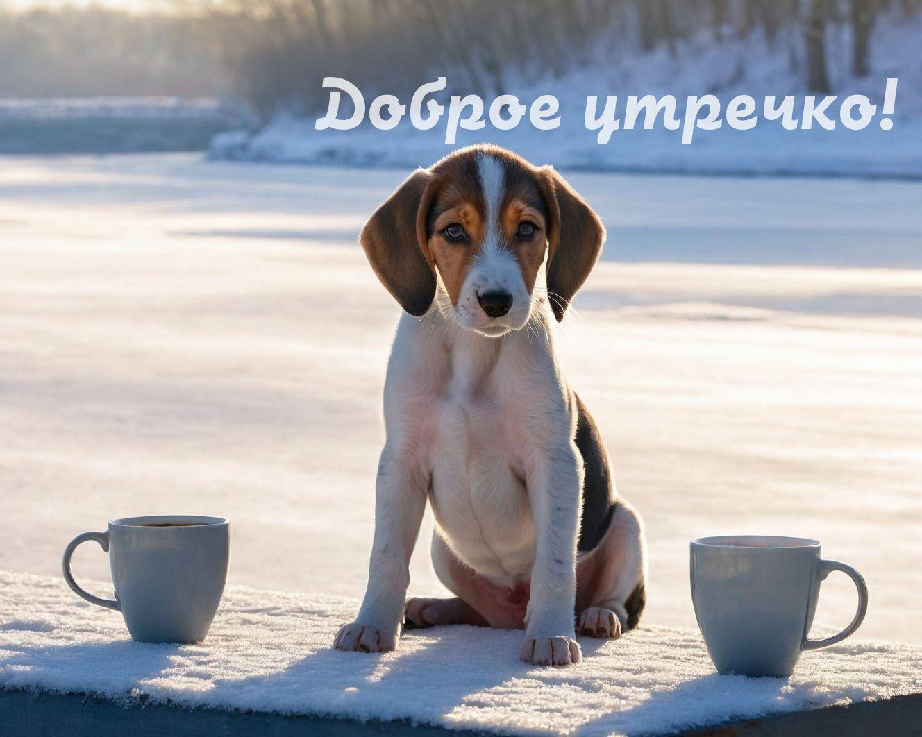 Утро, щенок на снегу между кружками