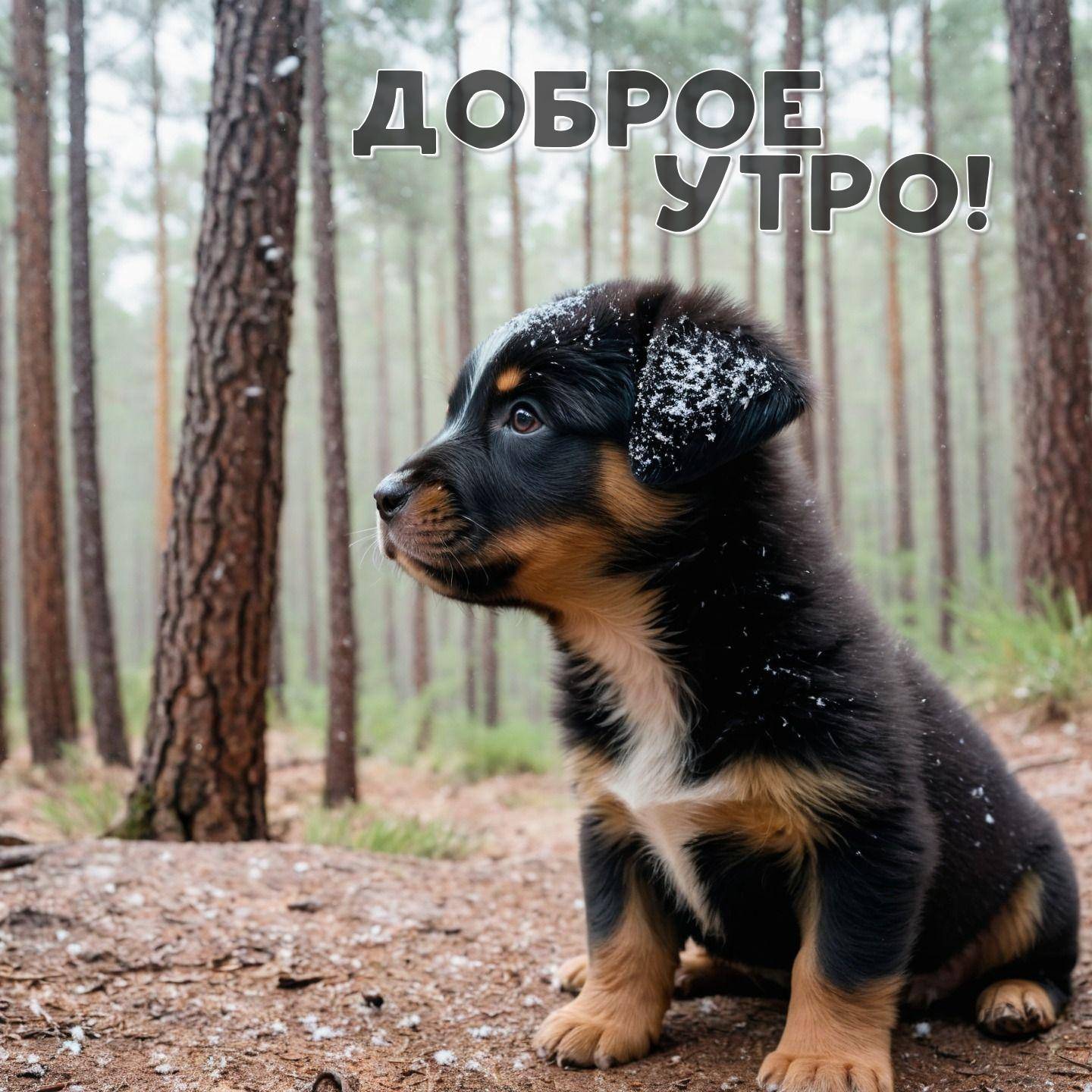 Утро, щенок с черно-коричневой шерстью в лесу со снегом