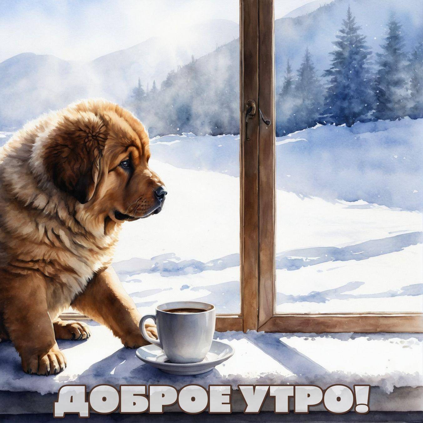 Утро, щенок у окна с кружкой и снежным пейзажем