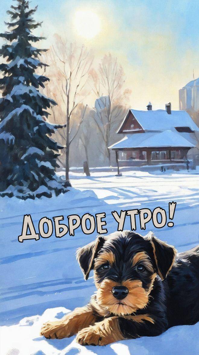 Утро, щенок в снегу перед домом