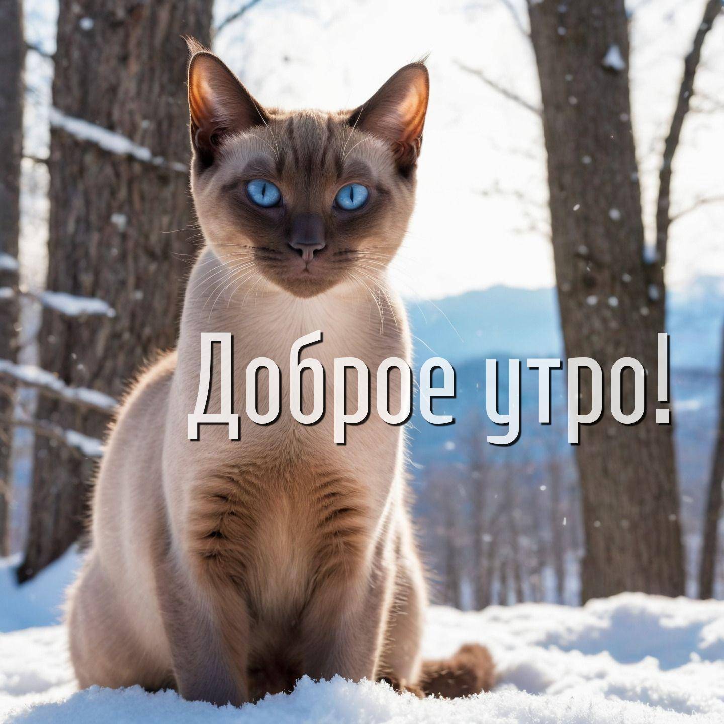 Утро, сиамская кошка с голубыми глазами сидит на снегу среди деревьев