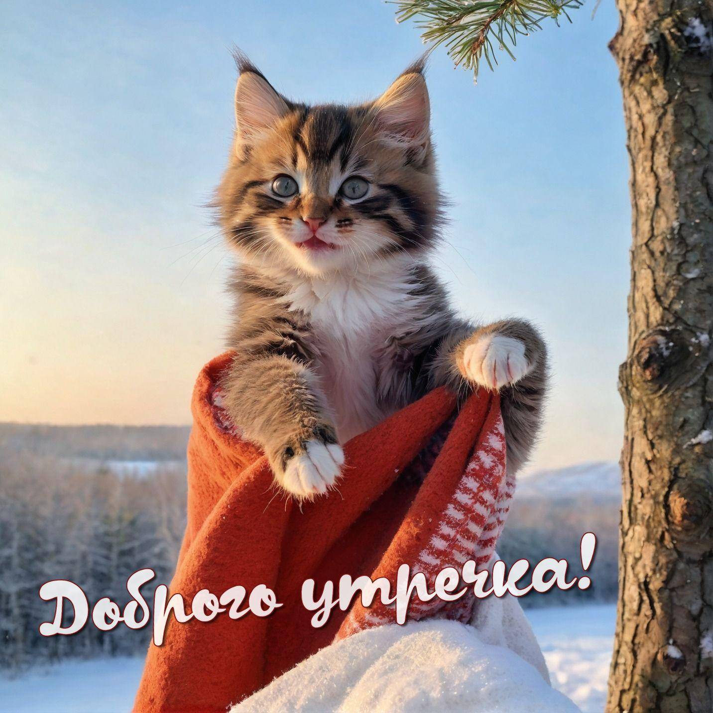 Утро, симпатичный котёнок в оранжевом одеяле в зимнем пейзаже