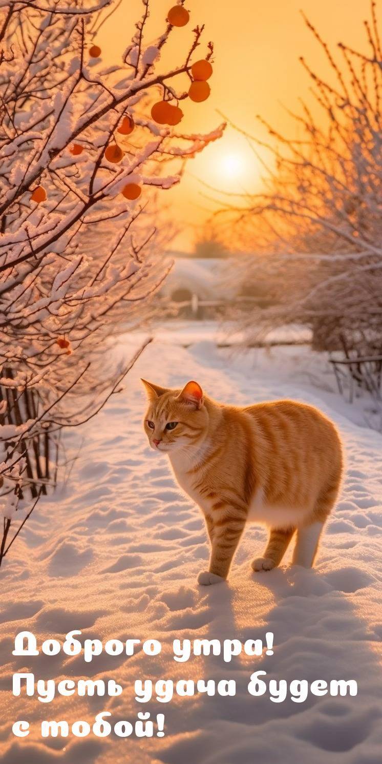 Утро, снежный пейзаж с рыжим котом на закате