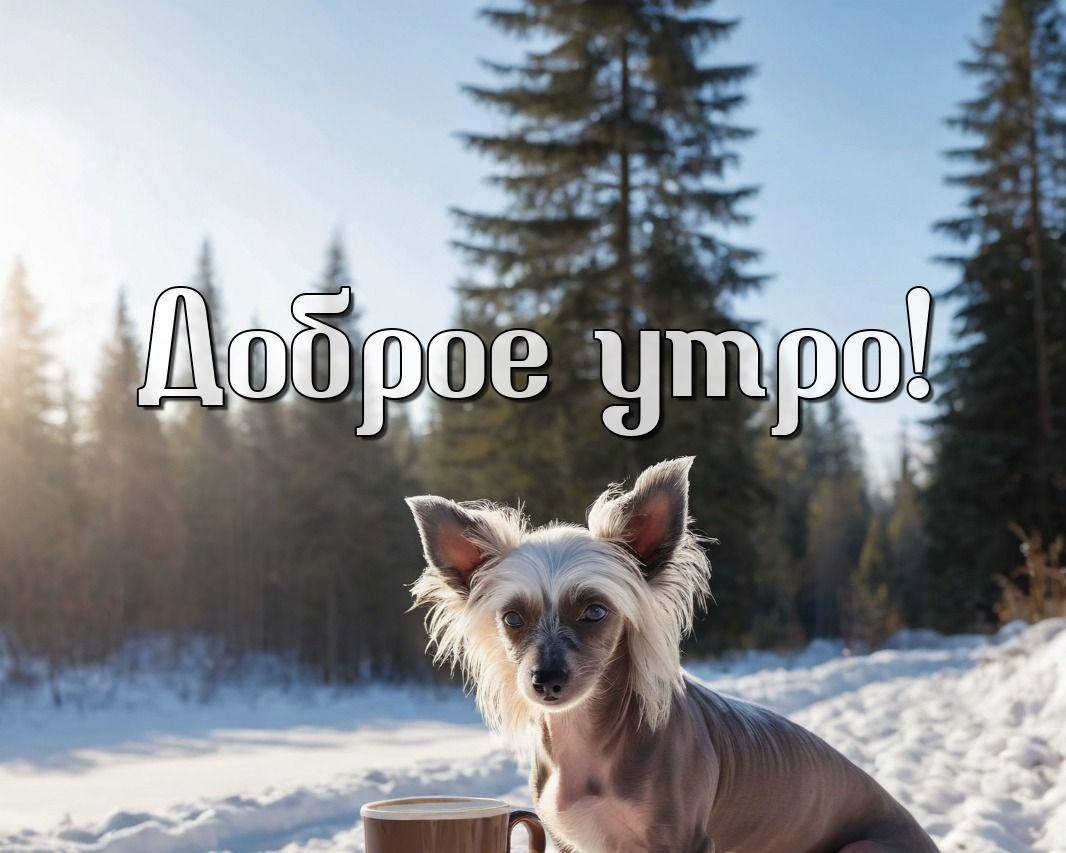 Утро, собака с пушистыми ушами и кружка на заснеженной сцене