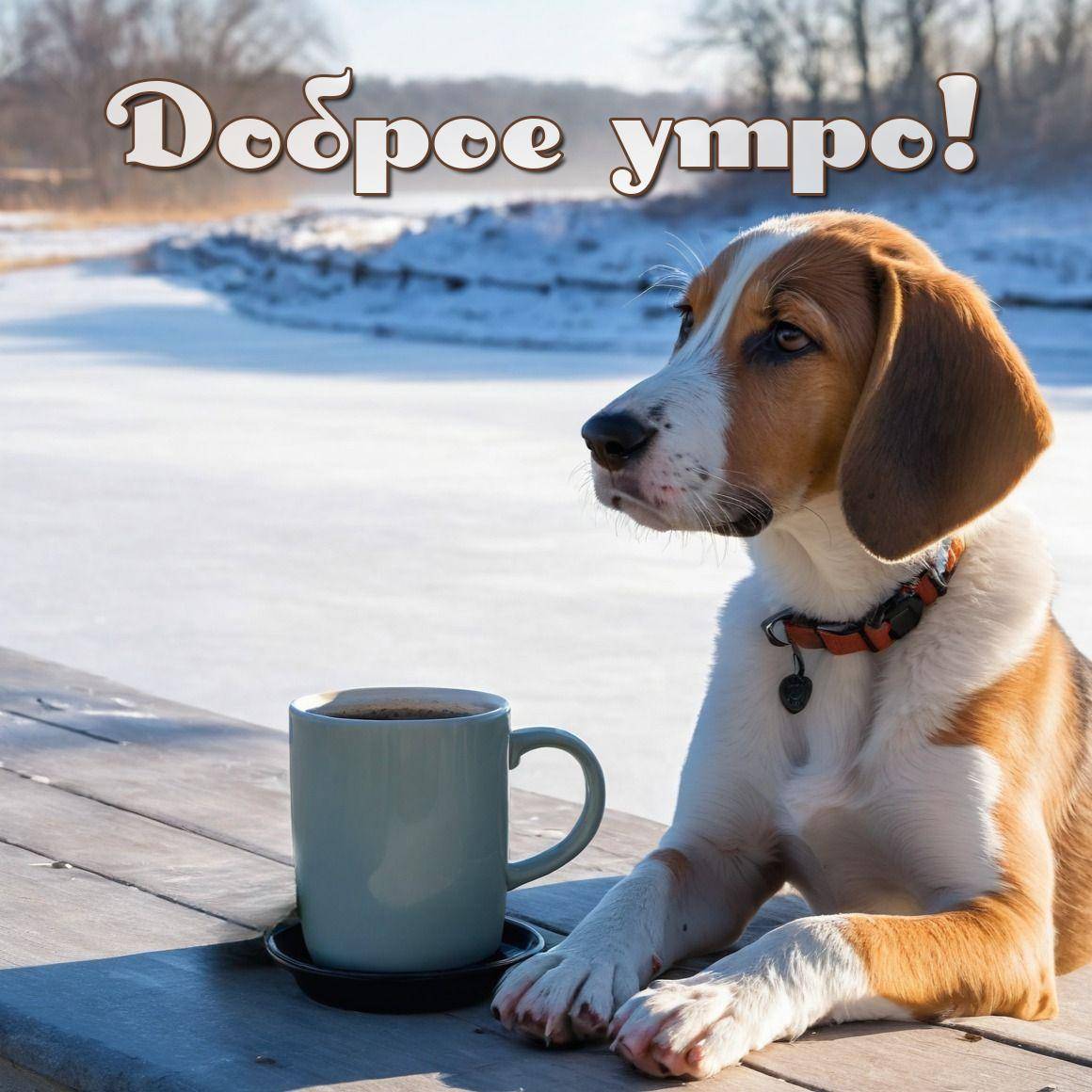 Утро, собака за столом с кружкой кофе, снежный пейзаж