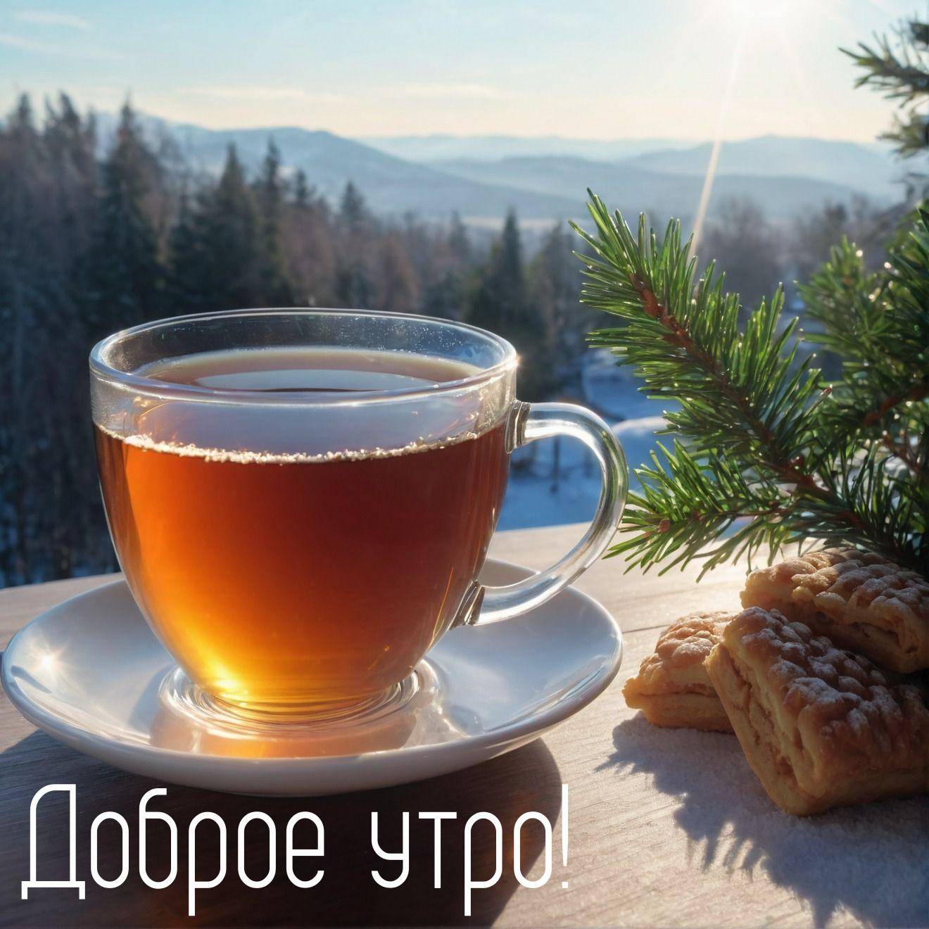 Утро, стеклянная чашка чая на блюдце, печенье и еловая веточка