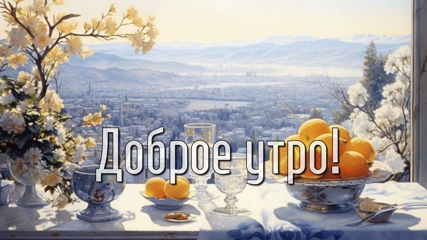 Утро, стол с натюрмортом и видом на пейзаж