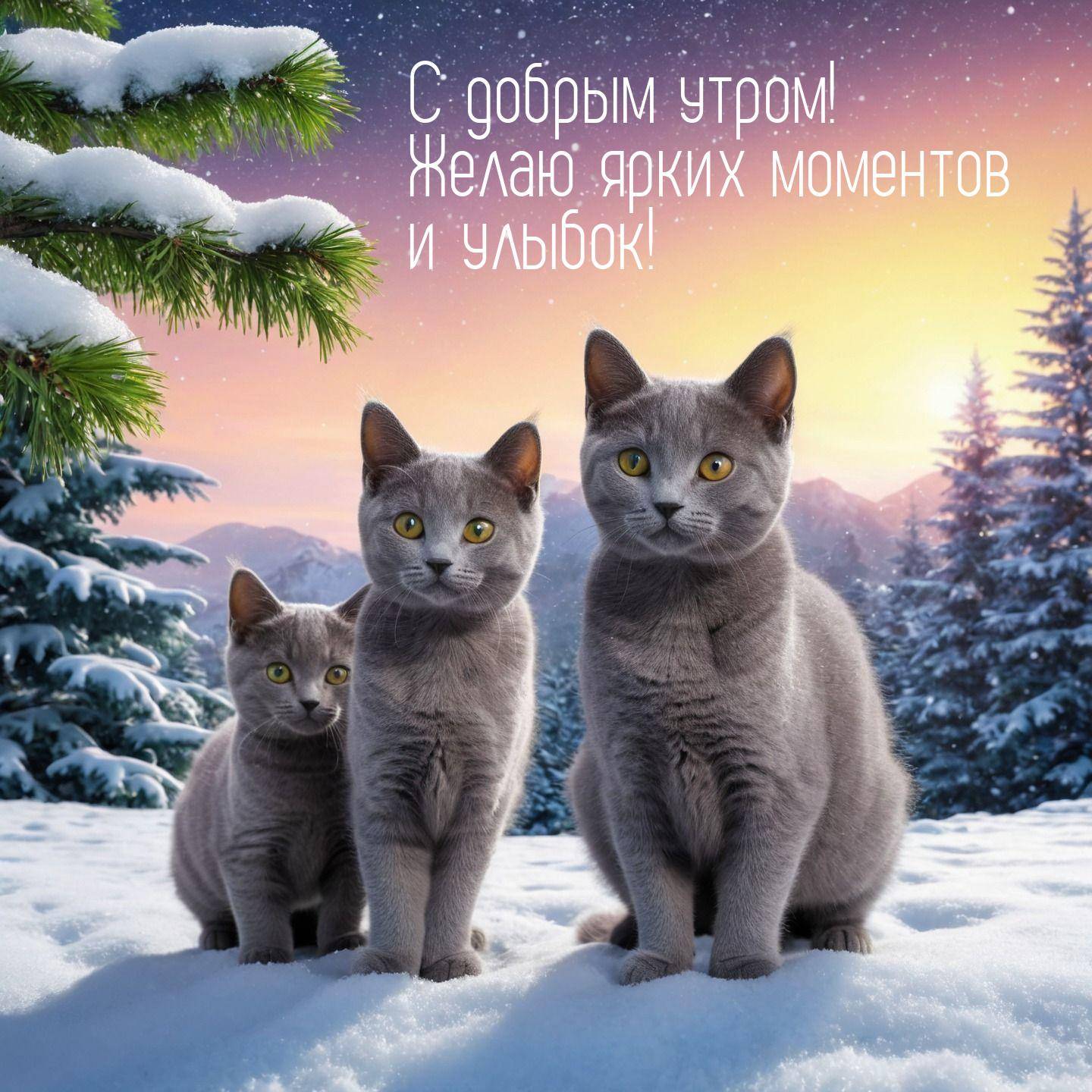 Утро, три серых кошки на снегу, елки и горы на фоне