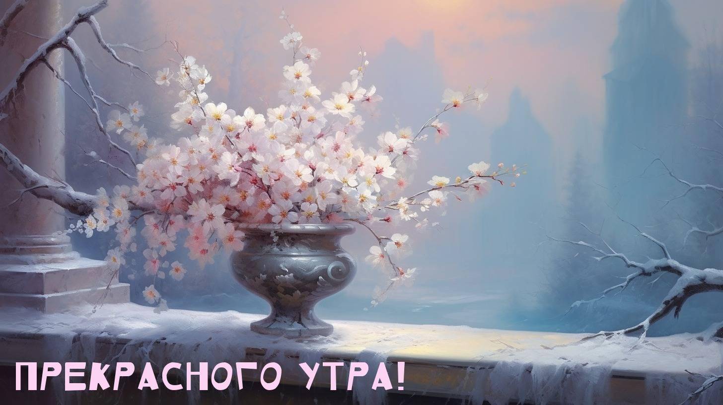 Утро, ваза с букетом цветущих веток на заснеженном парапете