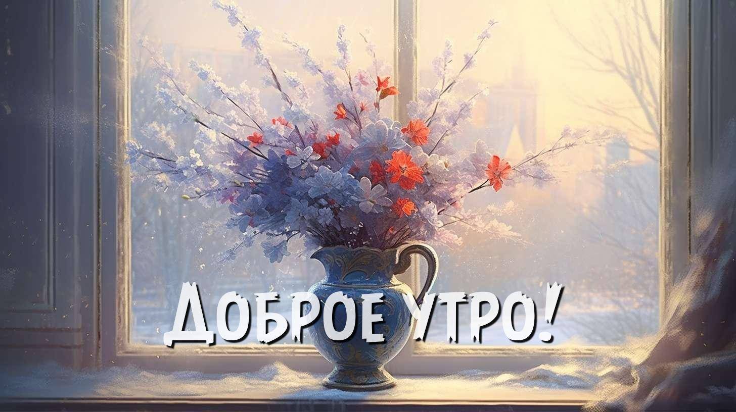 Утро, ваза с цветами, покрытыми инеем, на фоне зимнего пейзажа