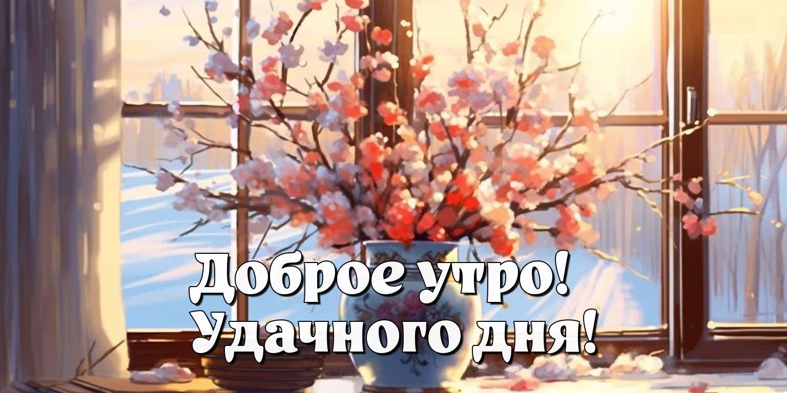 Утро, ваза с ветками сакуры на подоконнике.