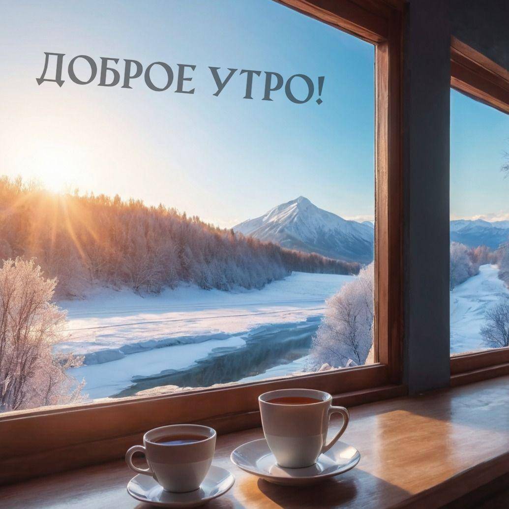 Утро, вид из окна на зимний пейзаж с чашками чая