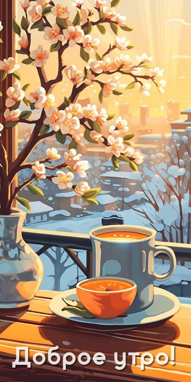 Утро, вид из окна на зимний пейзаж с цветущей веткой и чашкой чая