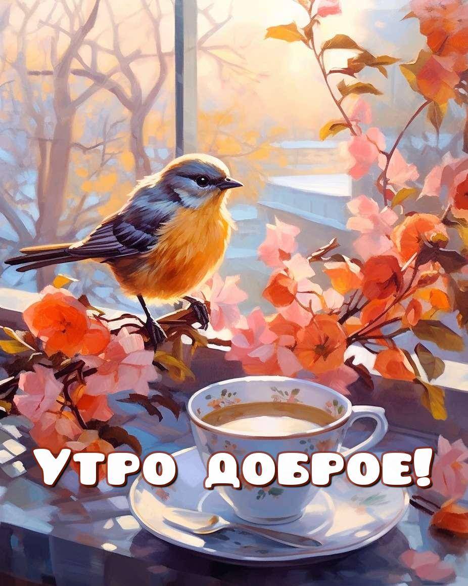 Утро, яркая птица на ветке с цветами и чашка с чаем