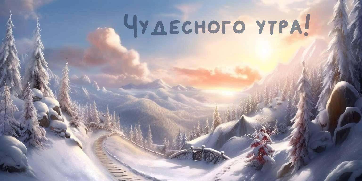 Утро, заснеженная дорога, деревья, скалы и закат в горах