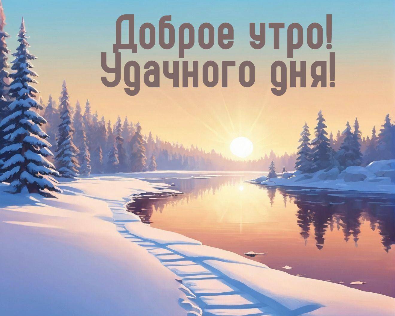 Утро, заснеженные ели и ледяная река под закатным солнцем