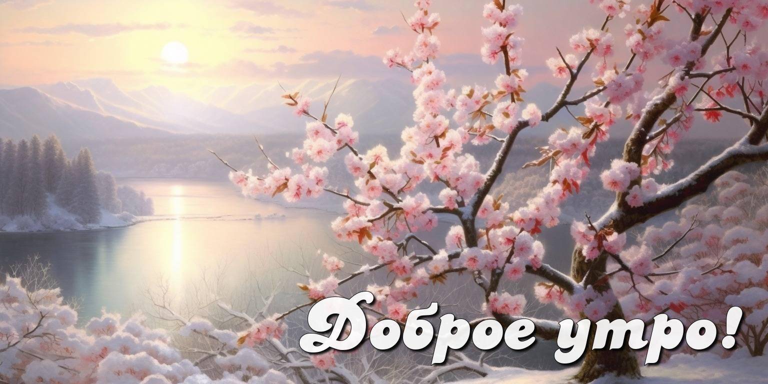Утро, заснеженный пейзаж с цветущим деревом