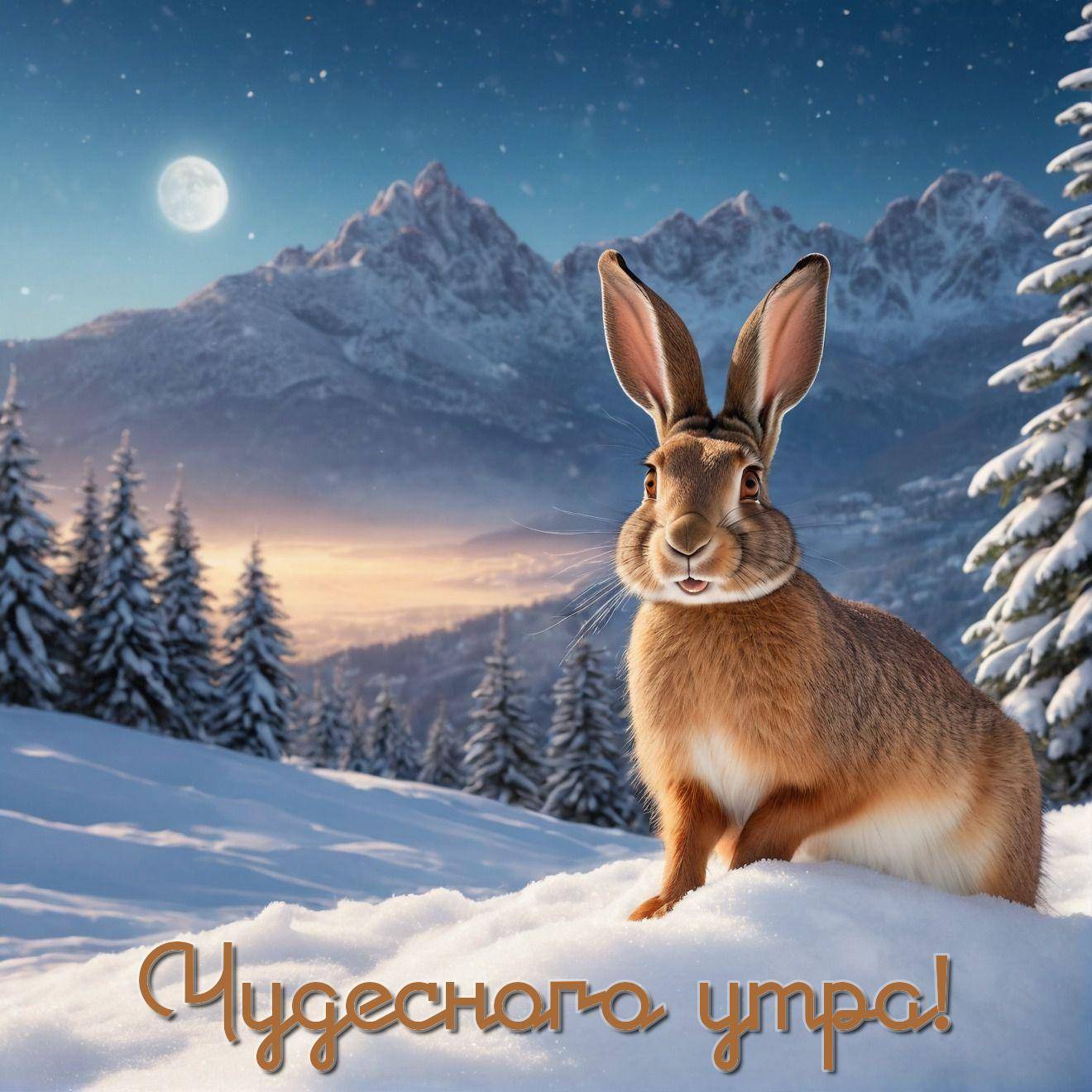 Утро, заяц на заснеженном холме под ночным небом