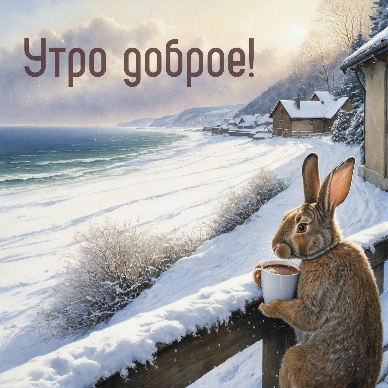 Утро, заяц с кружкой на фоне зимнего пейзажа