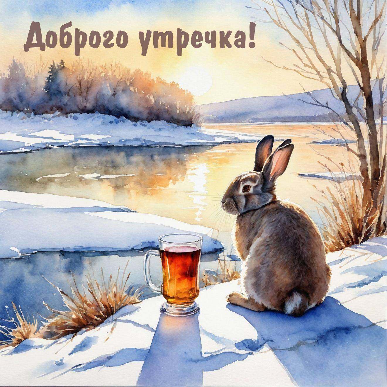 Утро, заяц сидит на снегу у замерзшего озера с кружкой.