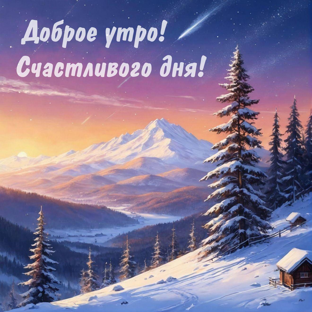 Утро, живописная зимняя сцена с домиком и горами