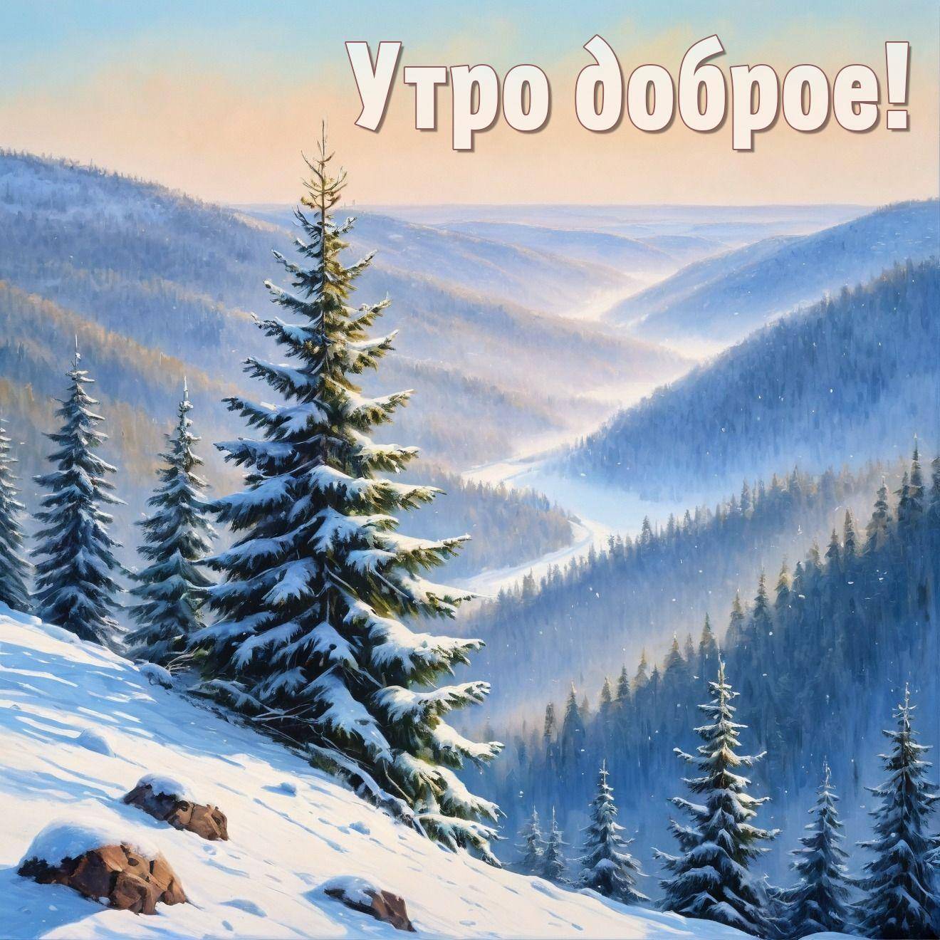 Утро, живописная зимняя сцена в горах, ели и заснеженные холмы