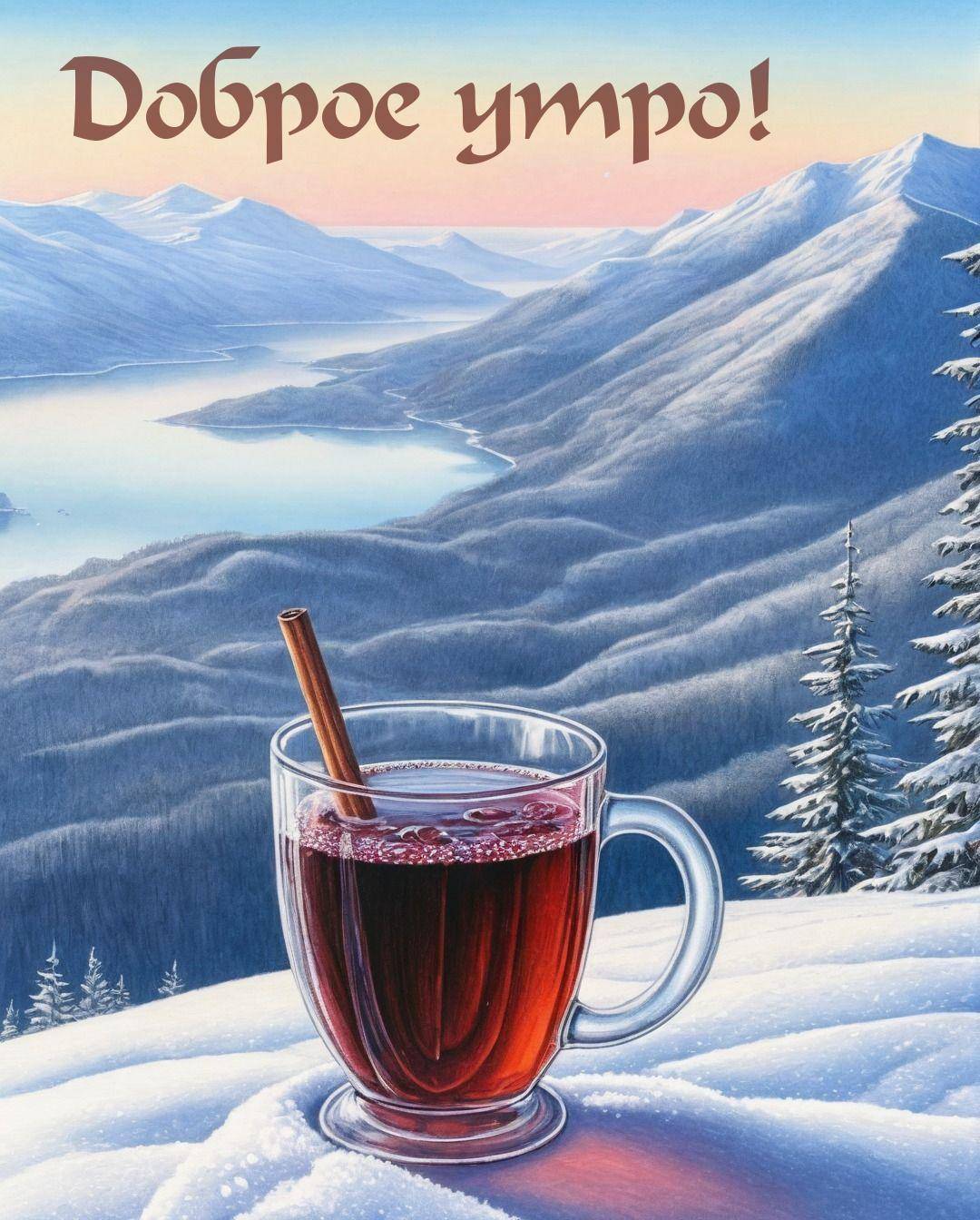 Утро, живописный зимний пейзаж с горами и озером, кружка с глинтвейном